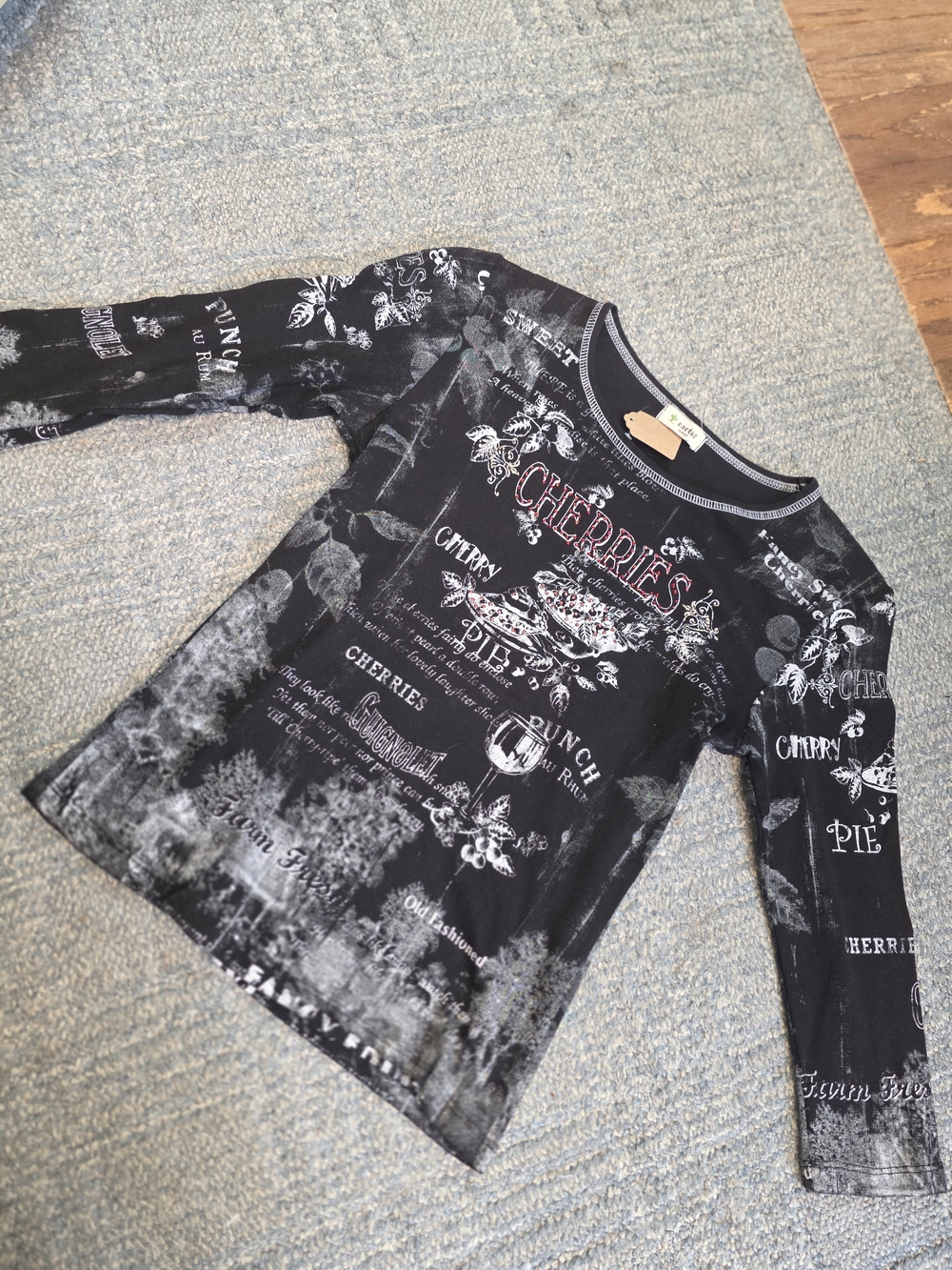 Y2K Cactus Black Graphic Cherries Long Sleeve Tee Embelishments